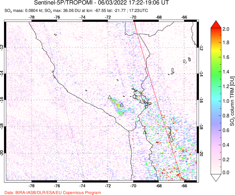 A sulfur dioxide image over Peru on Jun 03, 2022.