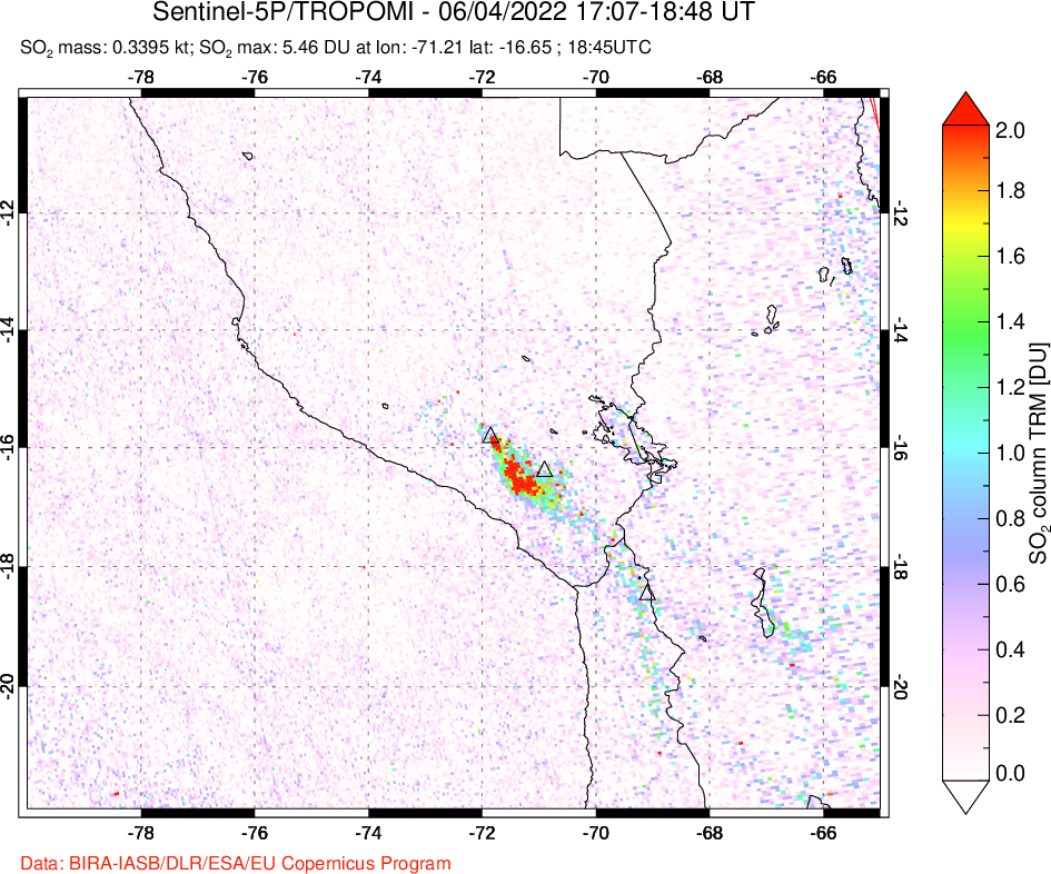 A sulfur dioxide image over Peru on Jun 04, 2022.