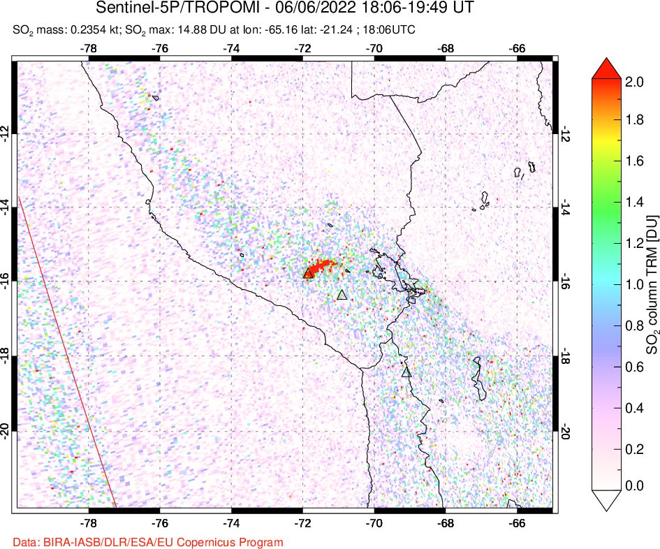 A sulfur dioxide image over Peru on Jun 06, 2022.