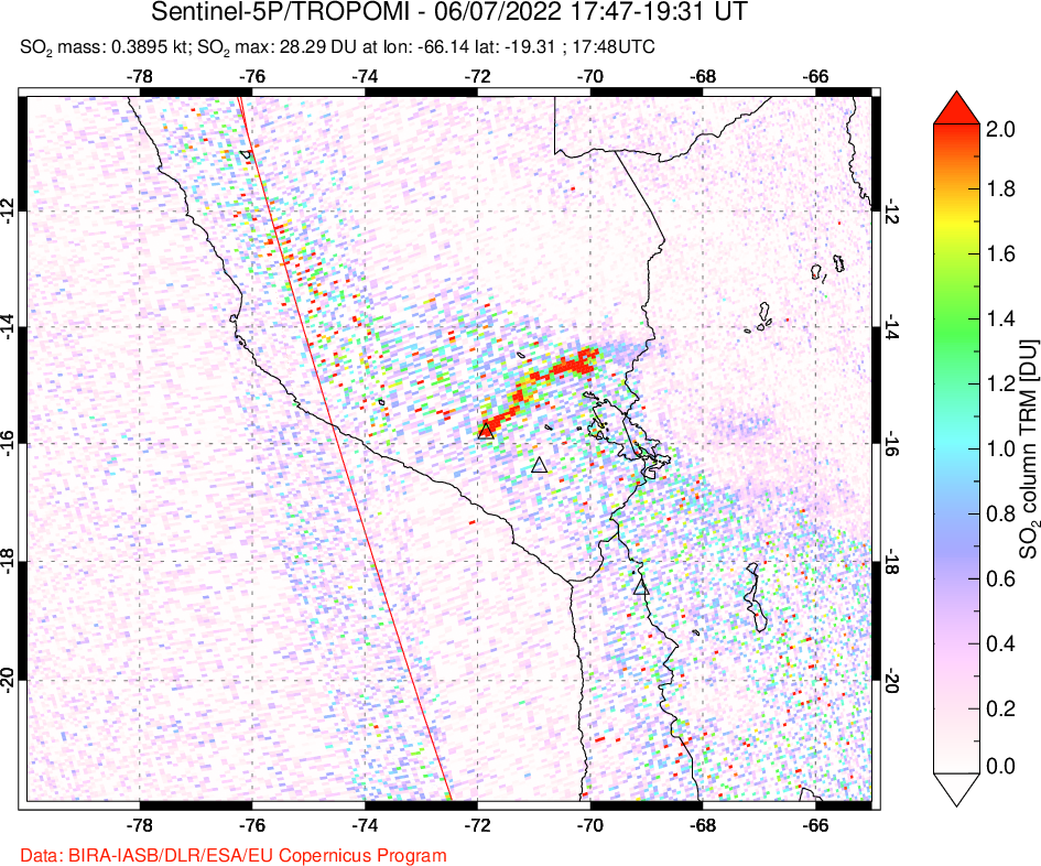 A sulfur dioxide image over Peru on Jun 07, 2022.