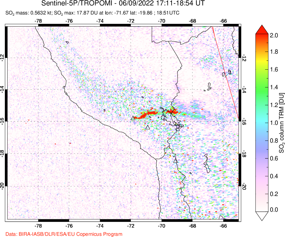 A sulfur dioxide image over Peru on Jun 09, 2022.