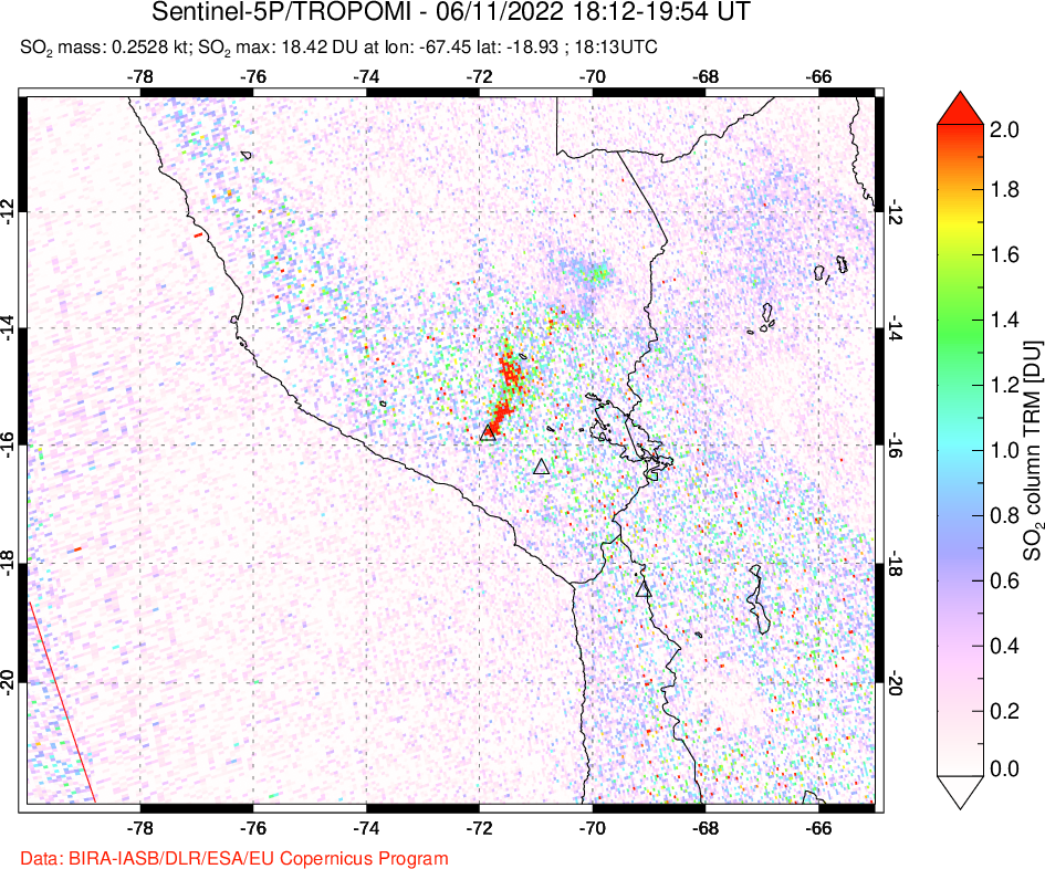 A sulfur dioxide image over Peru on Jun 11, 2022.