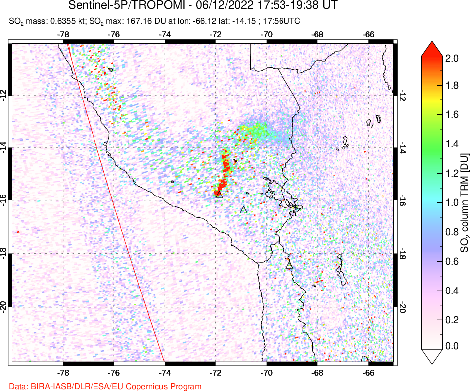 A sulfur dioxide image over Peru on Jun 12, 2022.