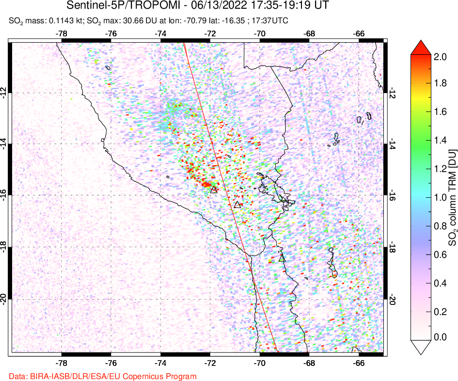 A sulfur dioxide image over Peru on Jun 13, 2022.