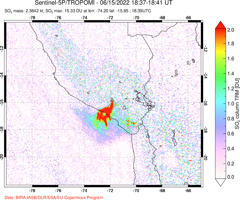 A sulfur dioxide image over Peru on Jun 15, 2022.