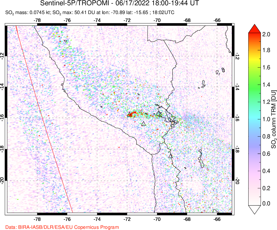 A sulfur dioxide image over Peru on Jun 17, 2022.