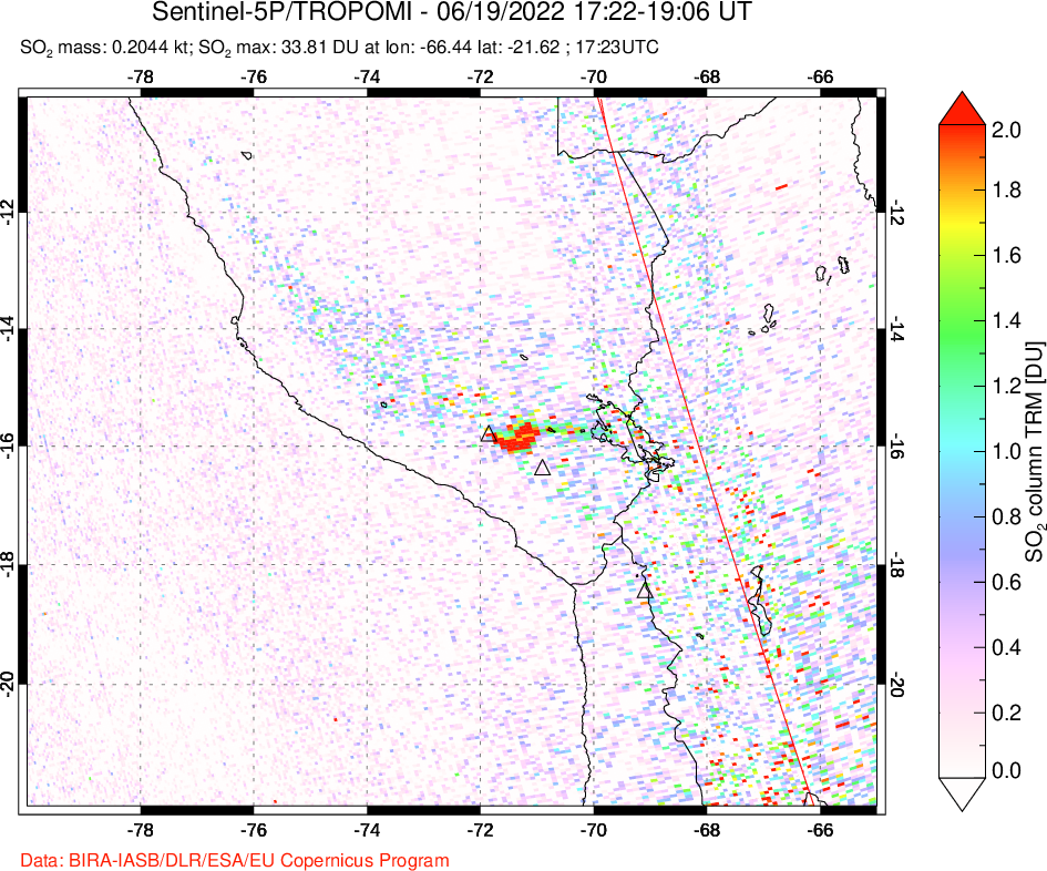 A sulfur dioxide image over Peru on Jun 19, 2022.