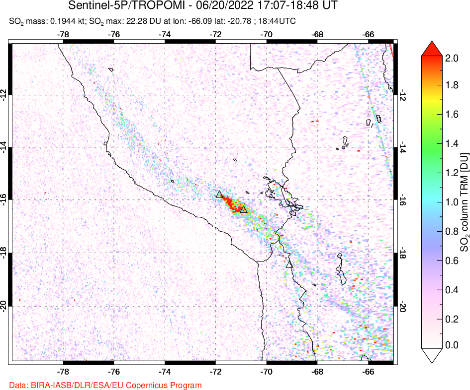 A sulfur dioxide image over Peru on Jun 20, 2022.