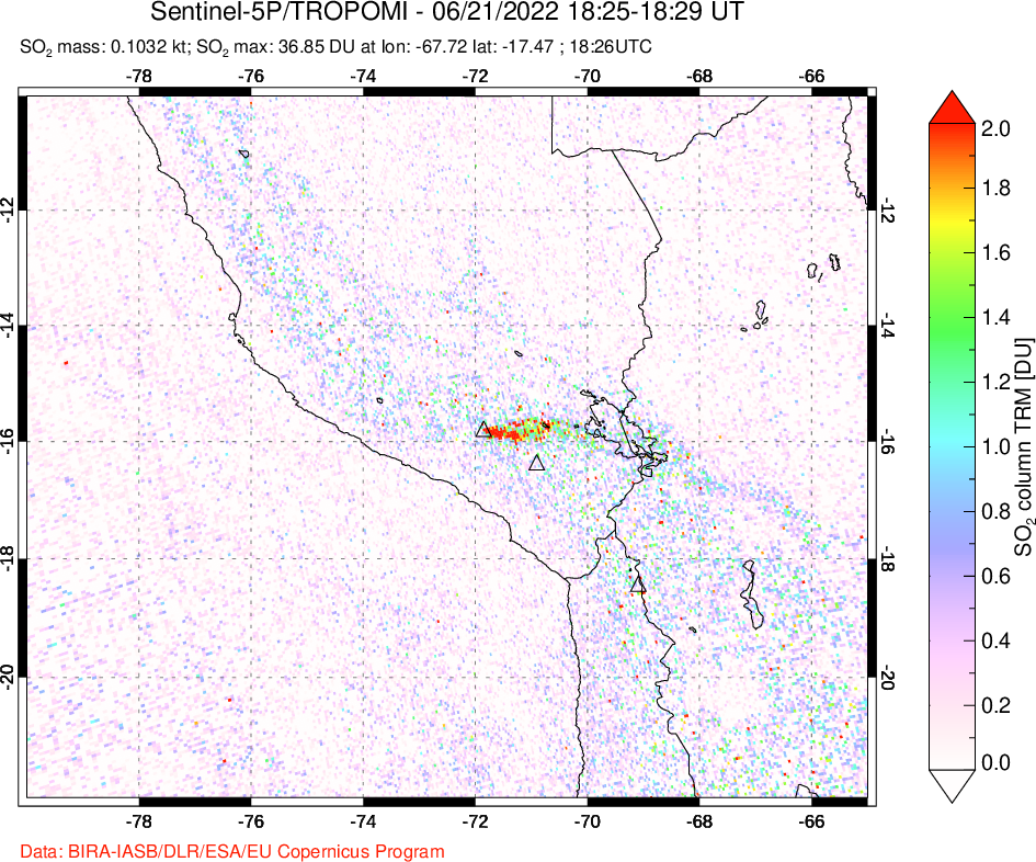 A sulfur dioxide image over Peru on Jun 21, 2022.