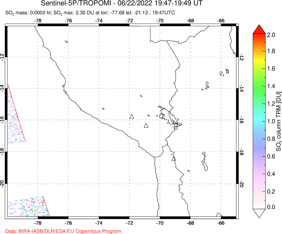 A sulfur dioxide image over Peru on Jun 22, 2022.