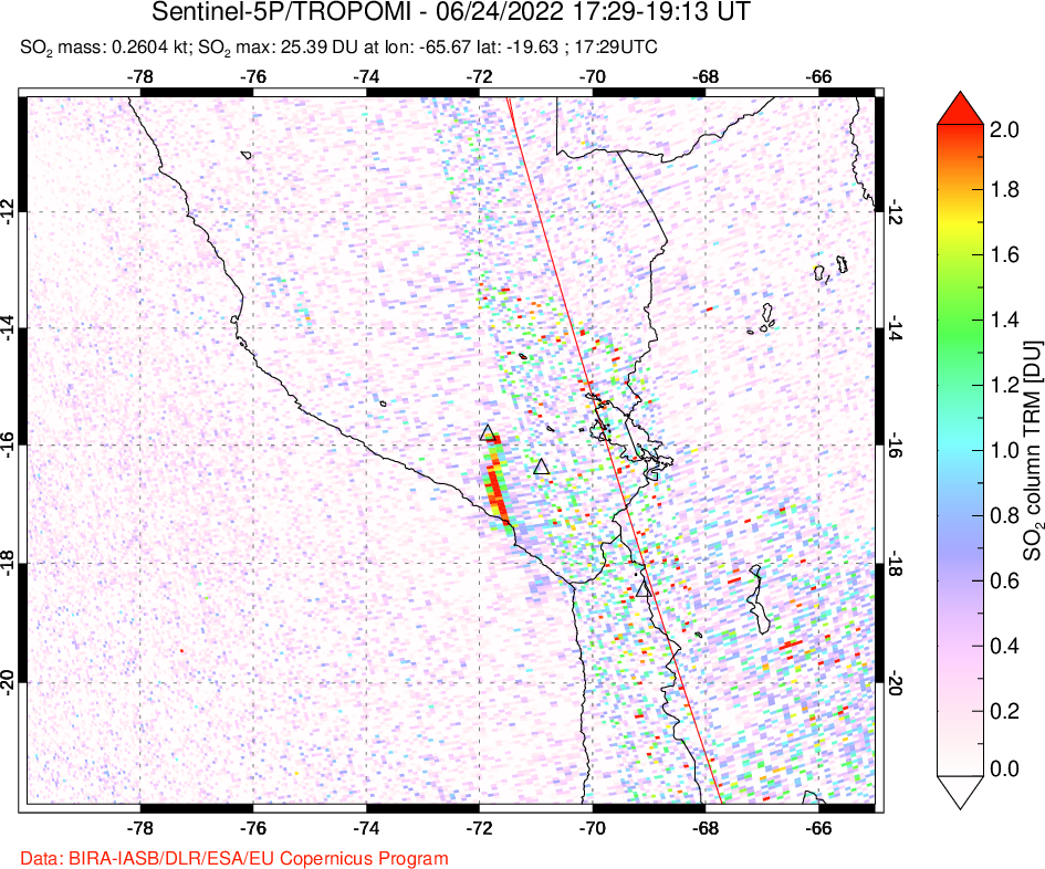 A sulfur dioxide image over Peru on Jun 24, 2022.