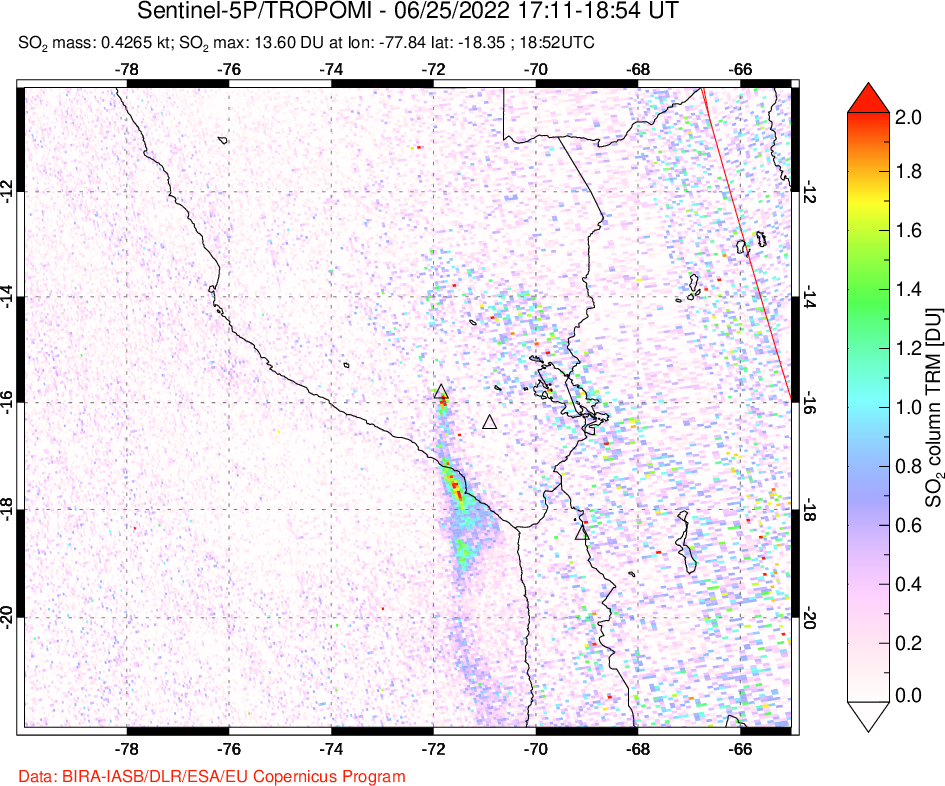 A sulfur dioxide image over Peru on Jun 25, 2022.