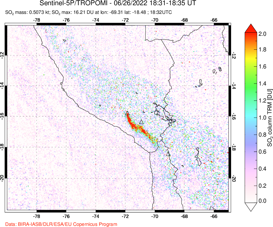 A sulfur dioxide image over Peru on Jun 26, 2022.