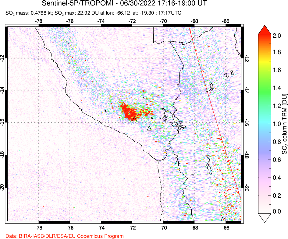 A sulfur dioxide image over Peru on Jun 30, 2022.