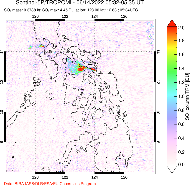 A sulfur dioxide image over Philippines on Jun 14, 2022.