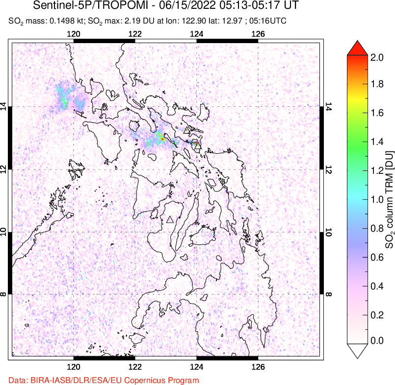 A sulfur dioxide image over Philippines on Jun 15, 2022.