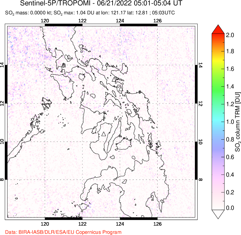 A sulfur dioxide image over Philippines on Jun 21, 2022.