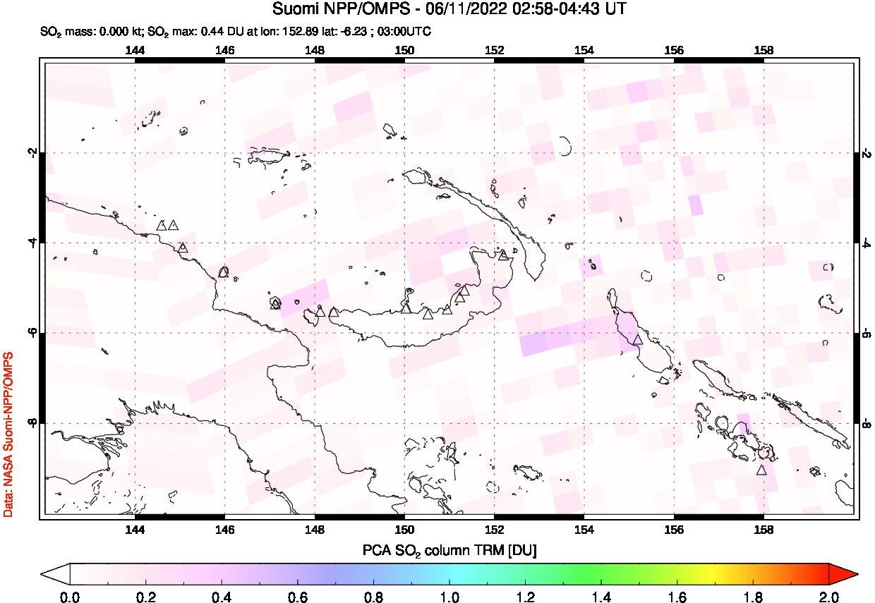 A sulfur dioxide image over Papua, New Guinea on Jun 11, 2022.