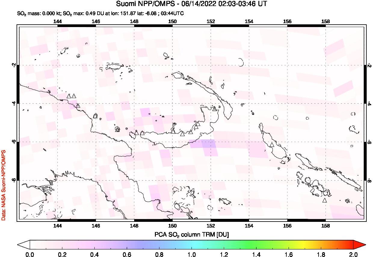A sulfur dioxide image over Papua, New Guinea on Jun 14, 2022.