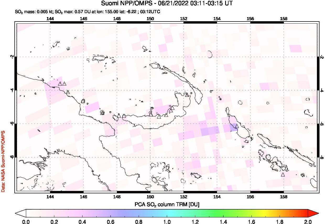 A sulfur dioxide image over Papua, New Guinea on Jun 21, 2022.