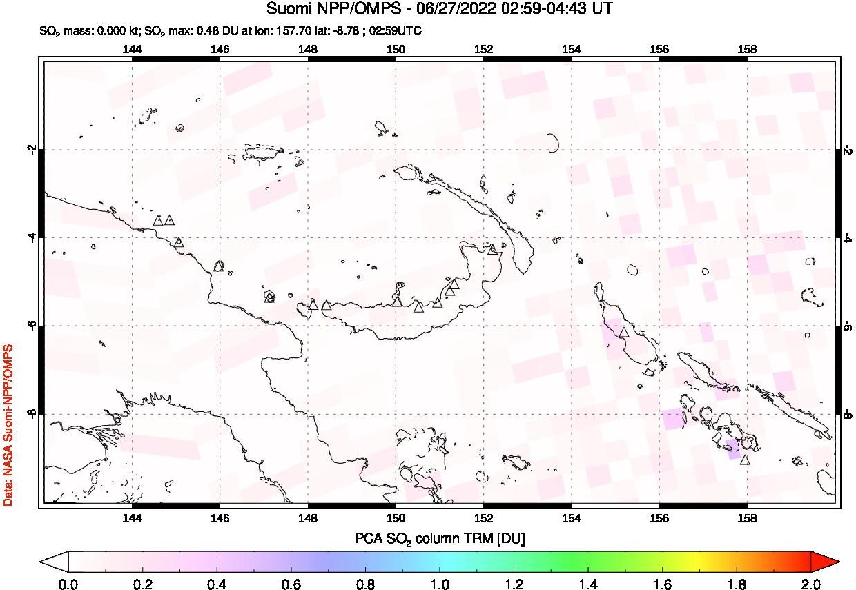 A sulfur dioxide image over Papua, New Guinea on Jun 27, 2022.