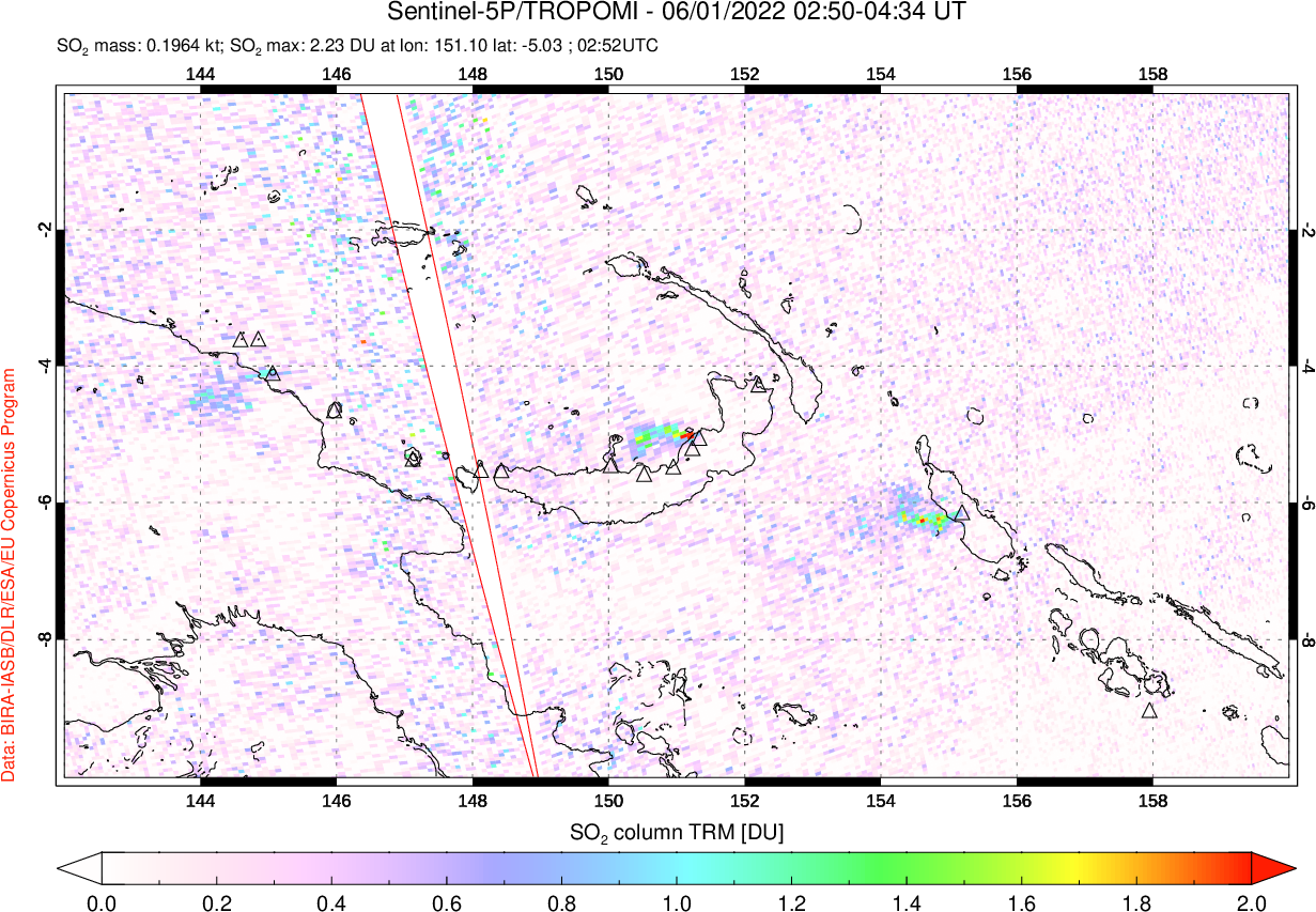 A sulfur dioxide image over Papua, New Guinea on Jun 01, 2022.