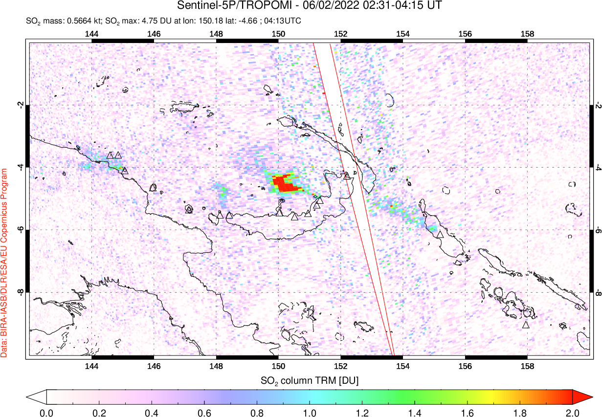 A sulfur dioxide image over Papua, New Guinea on Jun 02, 2022.