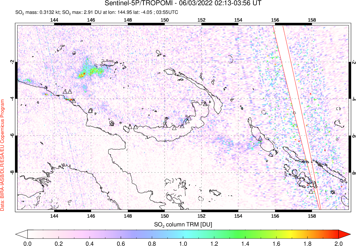 A sulfur dioxide image over Papua, New Guinea on Jun 03, 2022.