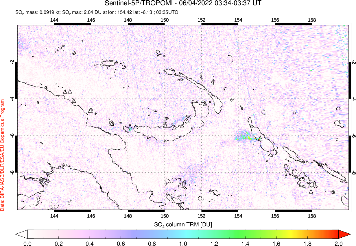 A sulfur dioxide image over Papua, New Guinea on Jun 04, 2022.