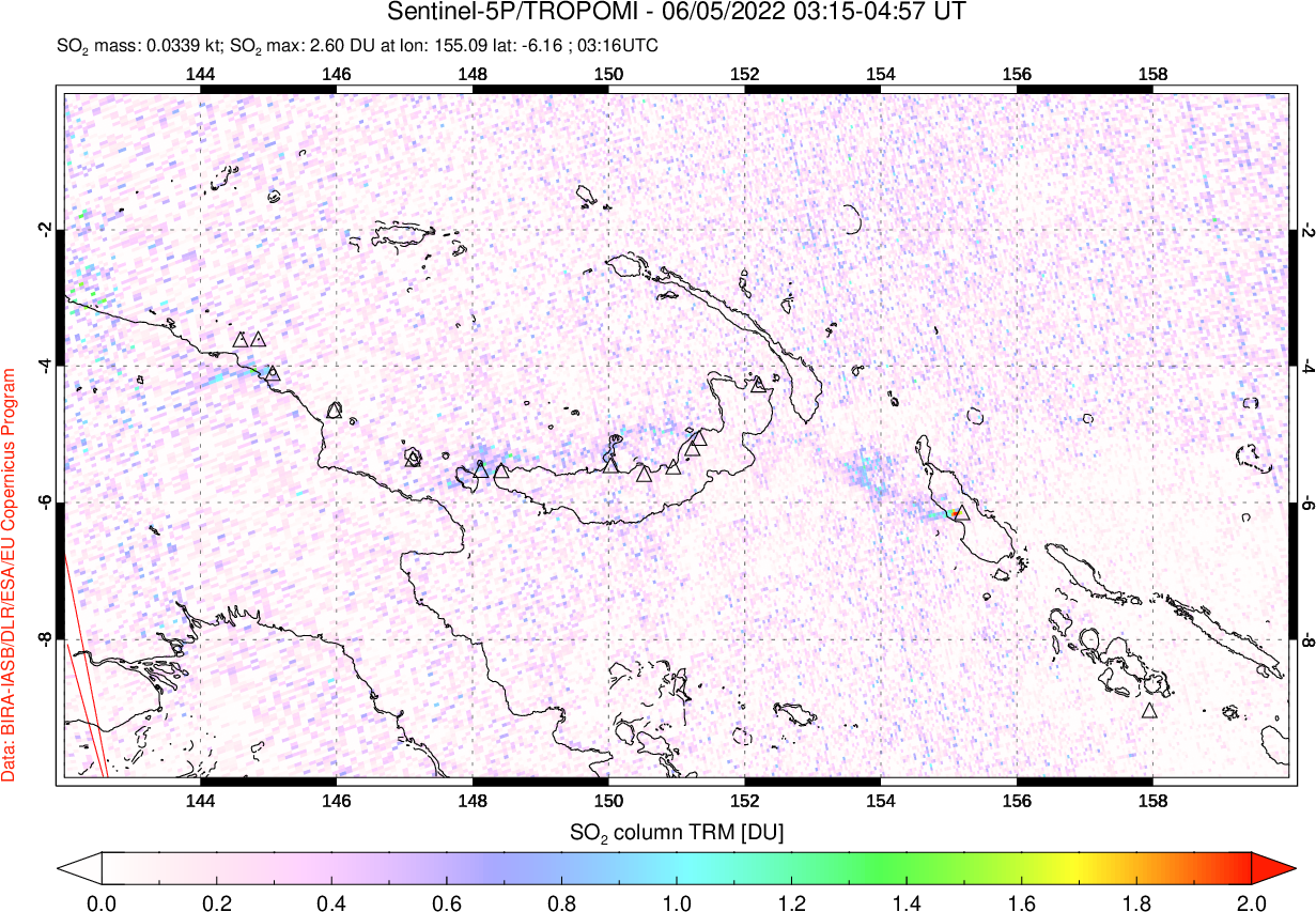 A sulfur dioxide image over Papua, New Guinea on Jun 05, 2022.