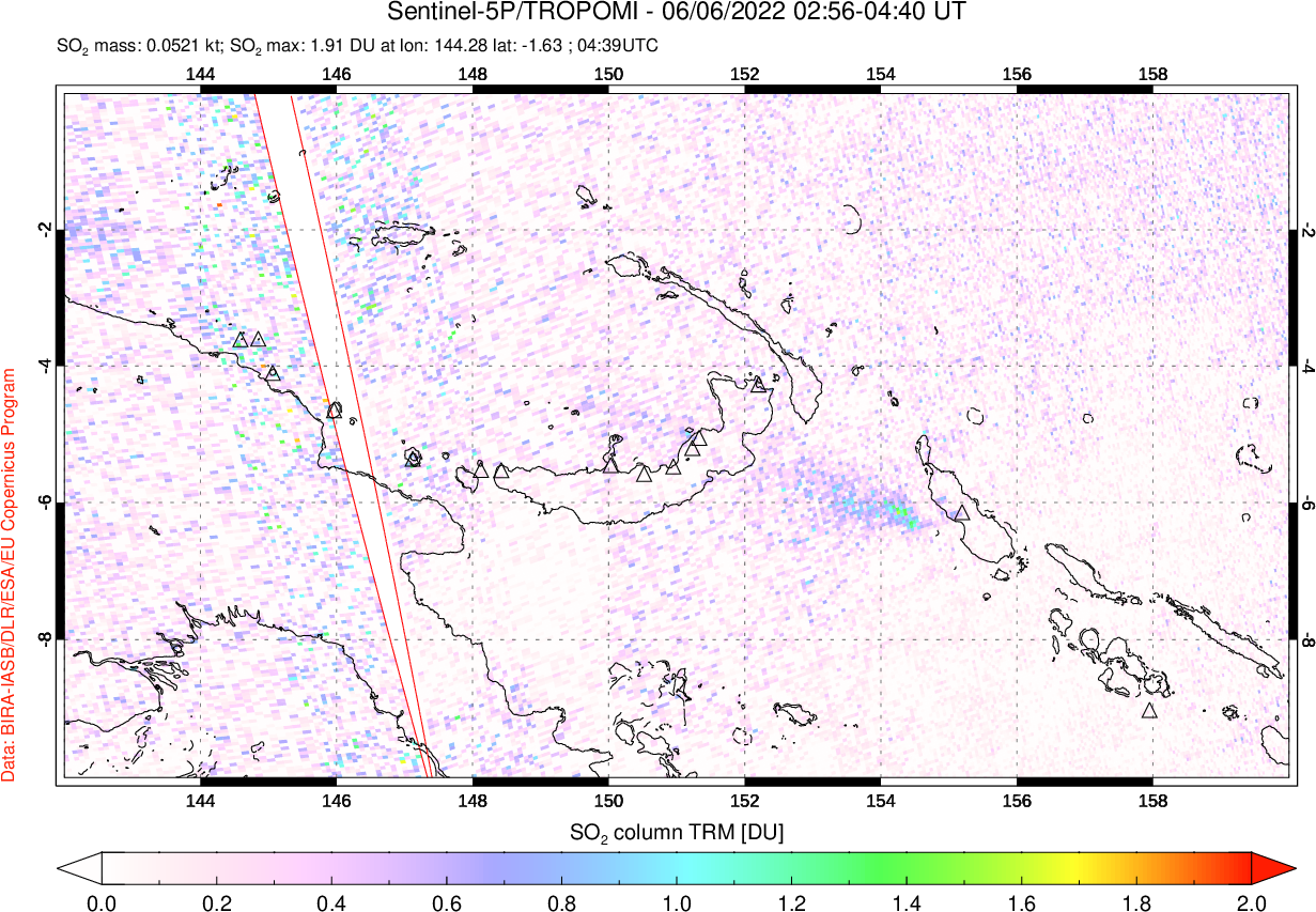 A sulfur dioxide image over Papua, New Guinea on Jun 06, 2022.