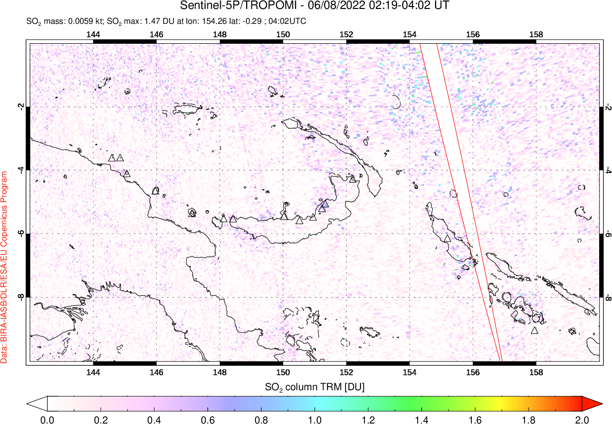 A sulfur dioxide image over Papua, New Guinea on Jun 08, 2022.