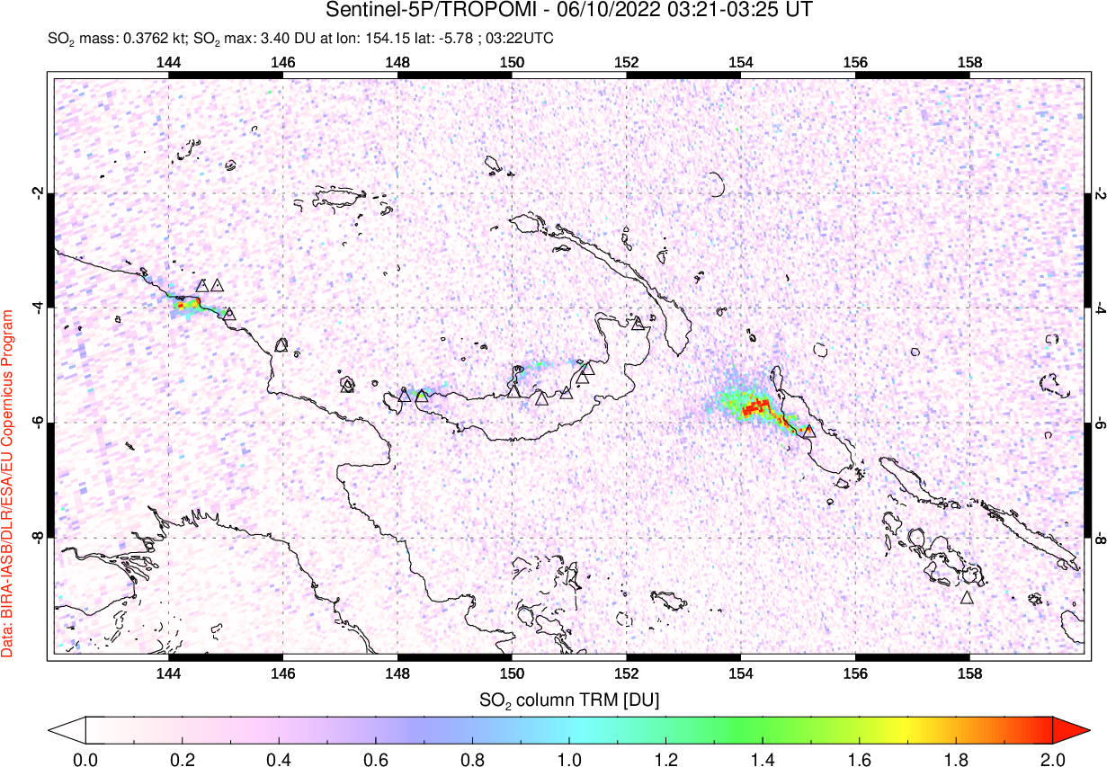 A sulfur dioxide image over Papua, New Guinea on Jun 10, 2022.