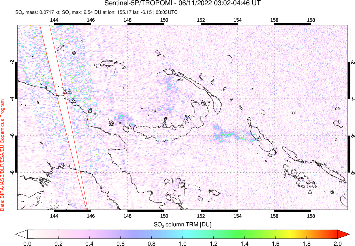 A sulfur dioxide image over Papua, New Guinea on Jun 11, 2022.