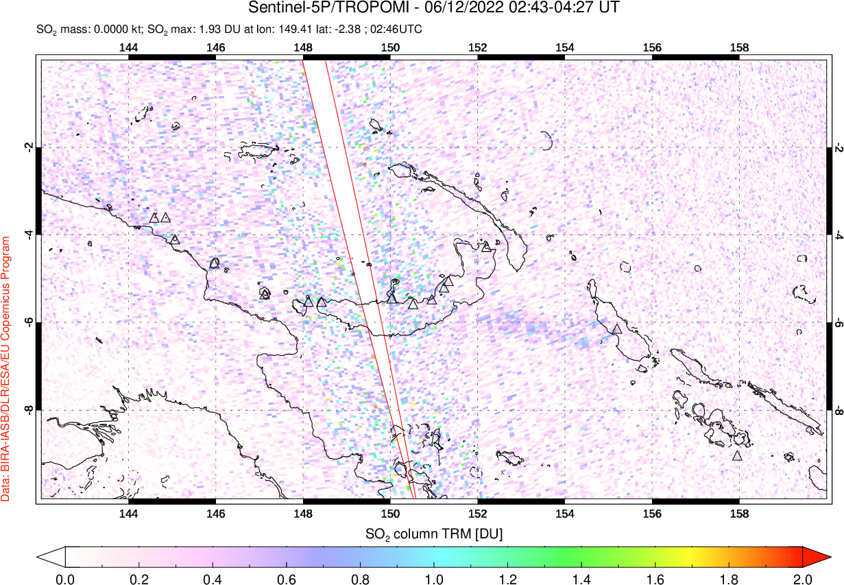 A sulfur dioxide image over Papua, New Guinea on Jun 12, 2022.