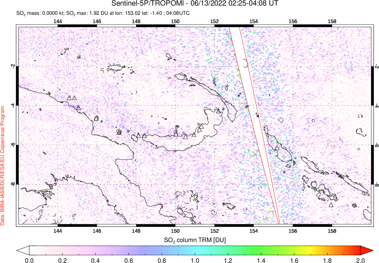 A sulfur dioxide image over Papua, New Guinea on Jun 13, 2022.