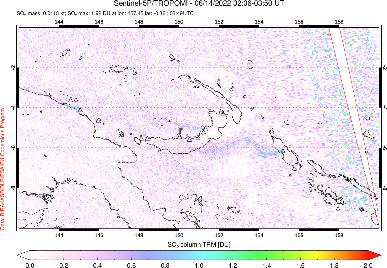A sulfur dioxide image over Papua, New Guinea on Jun 14, 2022.