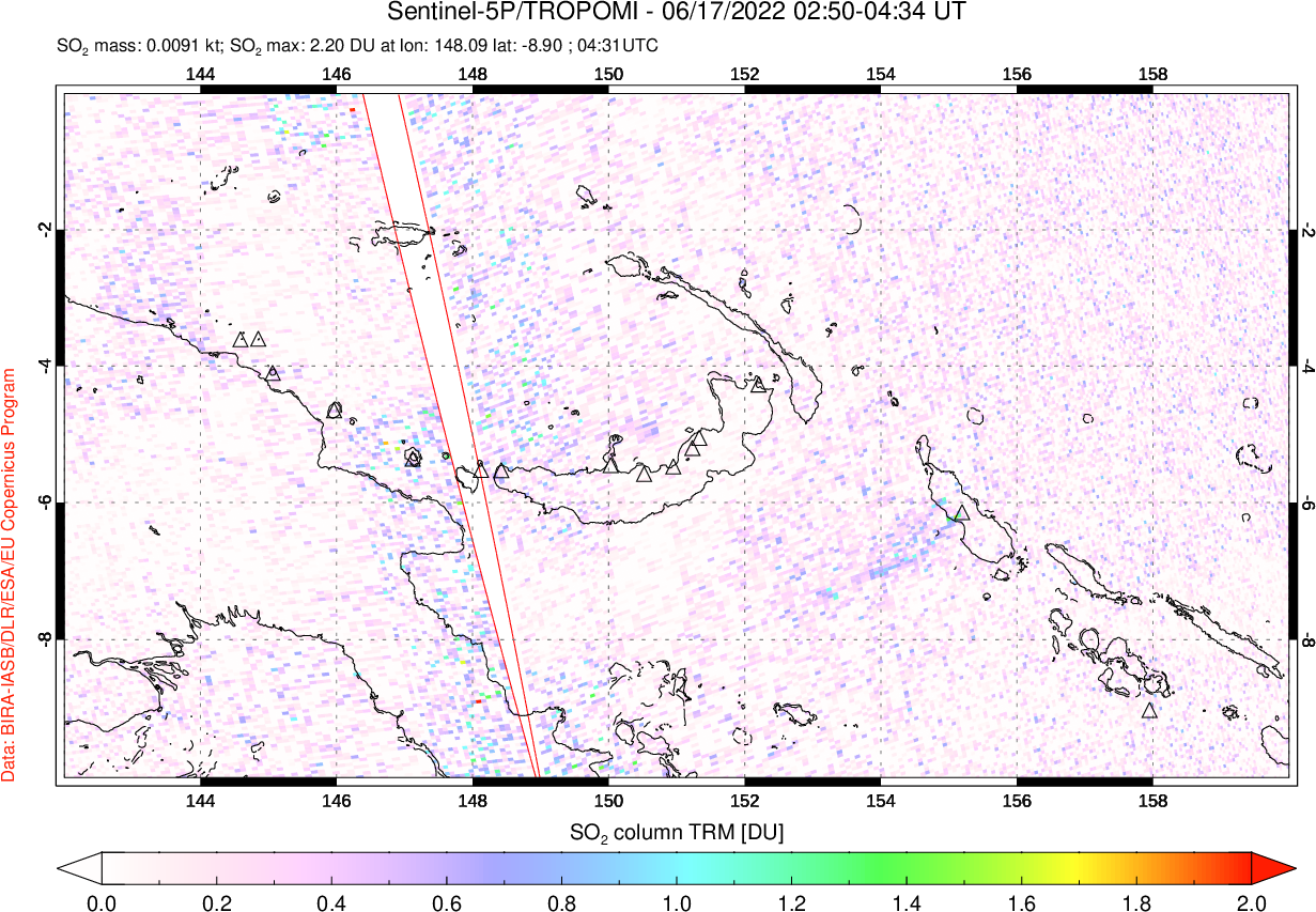 A sulfur dioxide image over Papua, New Guinea on Jun 17, 2022.