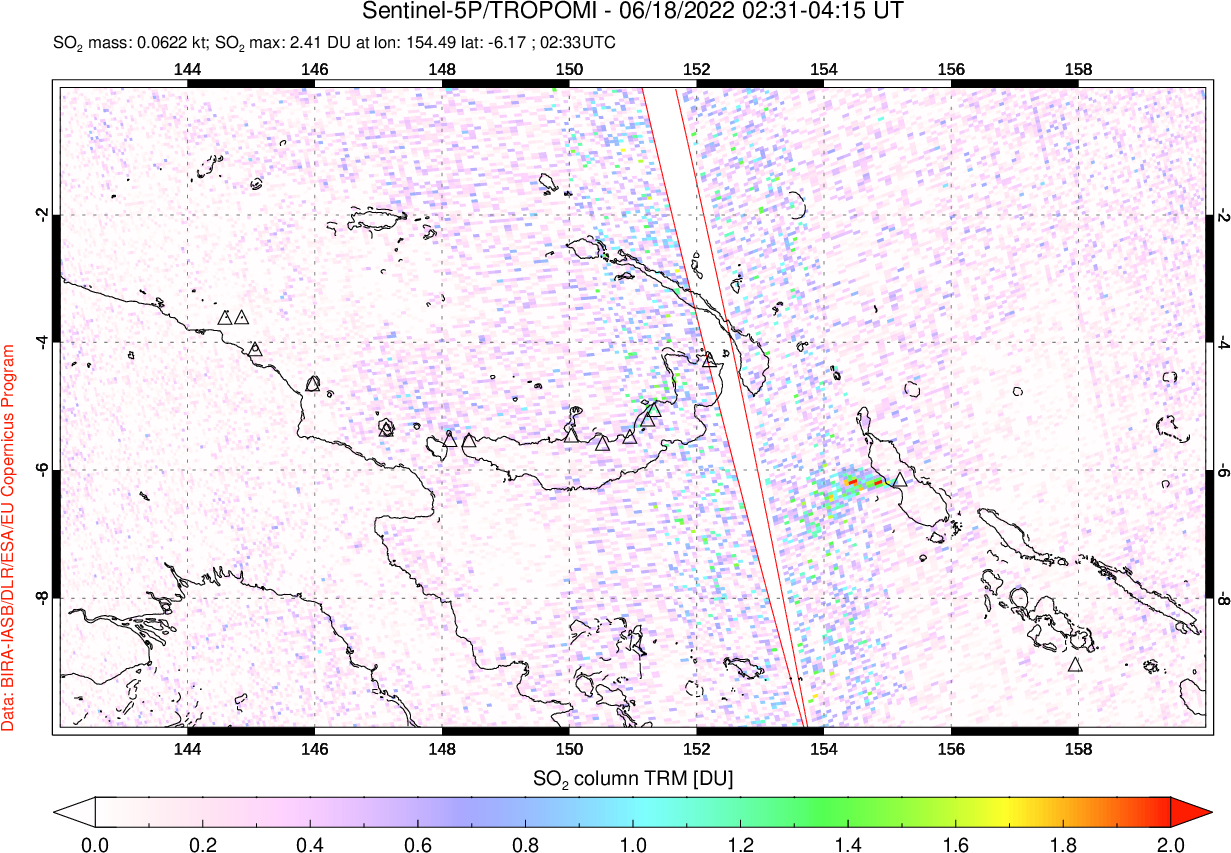 A sulfur dioxide image over Papua, New Guinea on Jun 18, 2022.