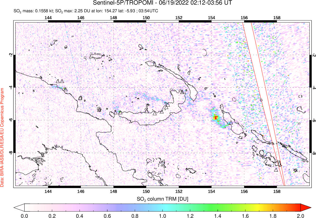 A sulfur dioxide image over Papua, New Guinea on Jun 19, 2022.