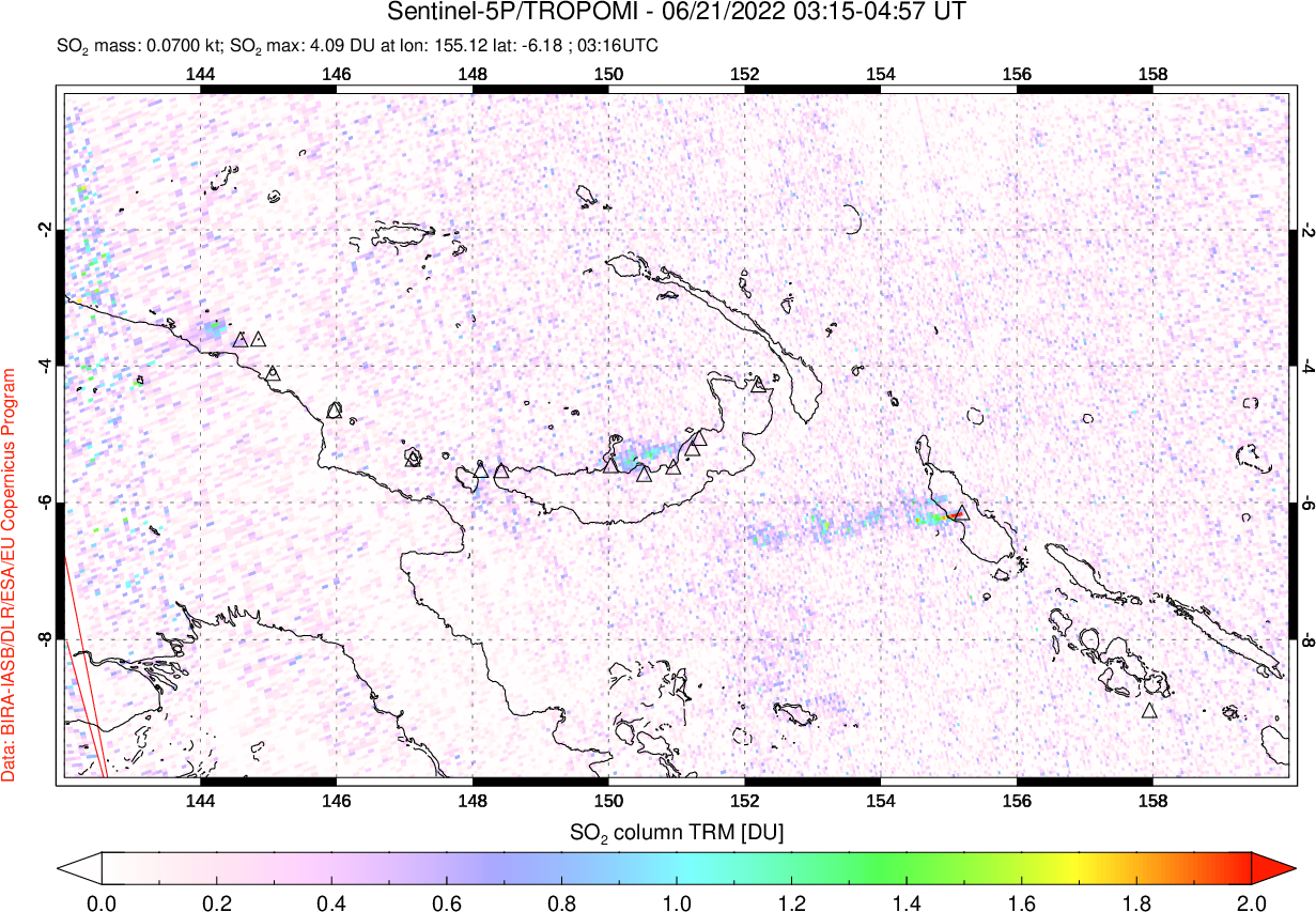 A sulfur dioxide image over Papua, New Guinea on Jun 21, 2022.