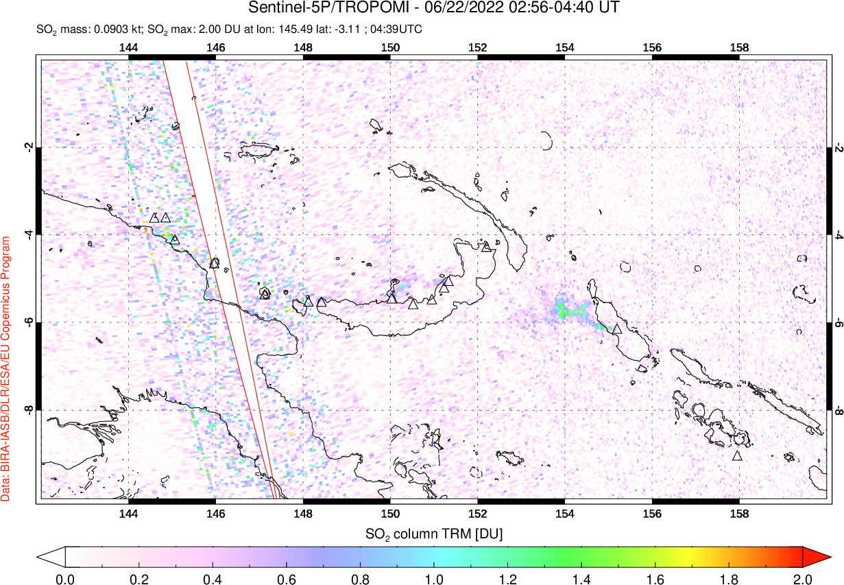 A sulfur dioxide image over Papua, New Guinea on Jun 22, 2022.