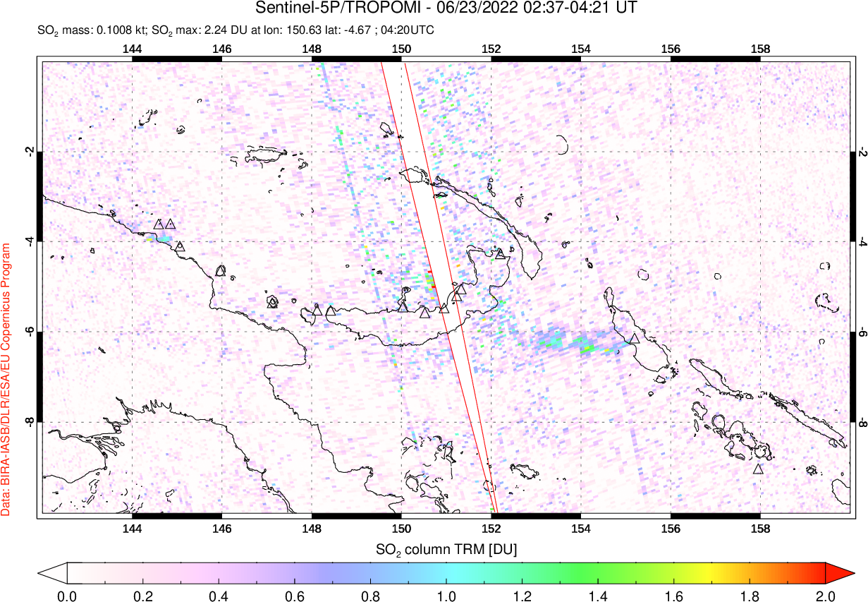 A sulfur dioxide image over Papua, New Guinea on Jun 23, 2022.