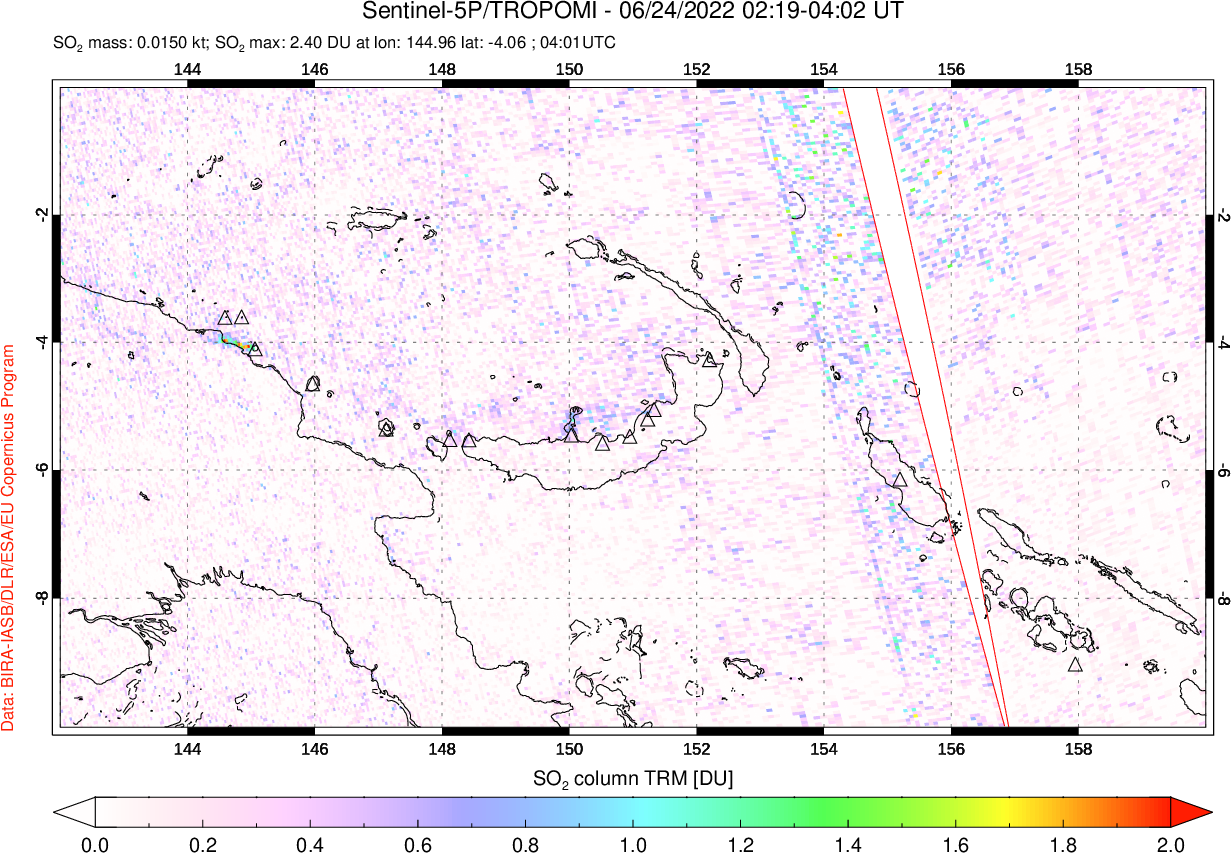 A sulfur dioxide image over Papua, New Guinea on Jun 24, 2022.