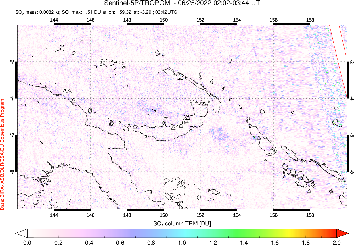 A sulfur dioxide image over Papua, New Guinea on Jun 25, 2022.