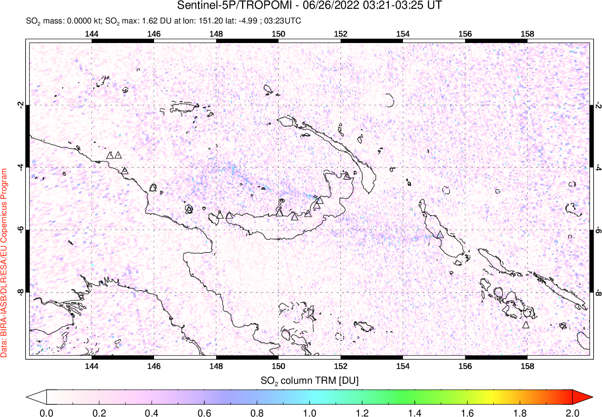 A sulfur dioxide image over Papua, New Guinea on Jun 26, 2022.