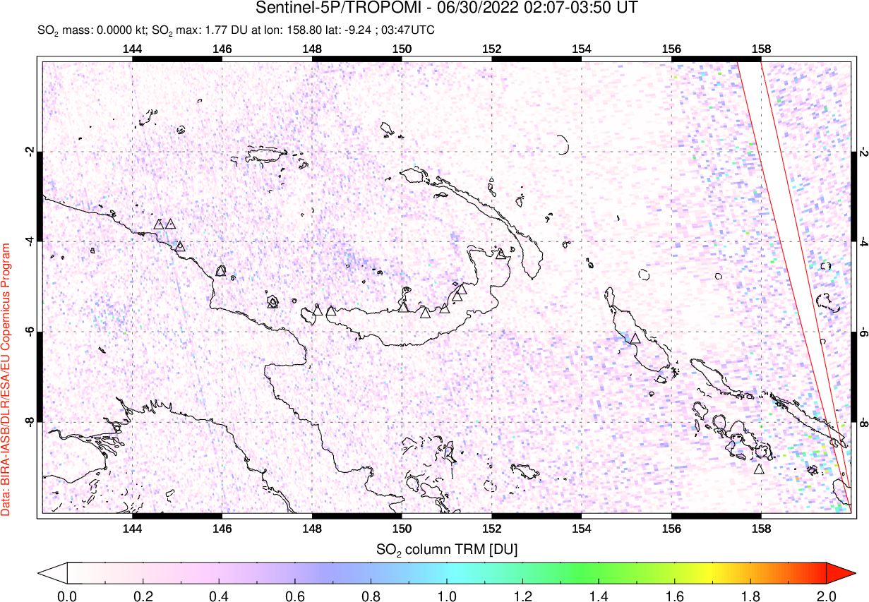 A sulfur dioxide image over Papua, New Guinea on Jun 30, 2022.