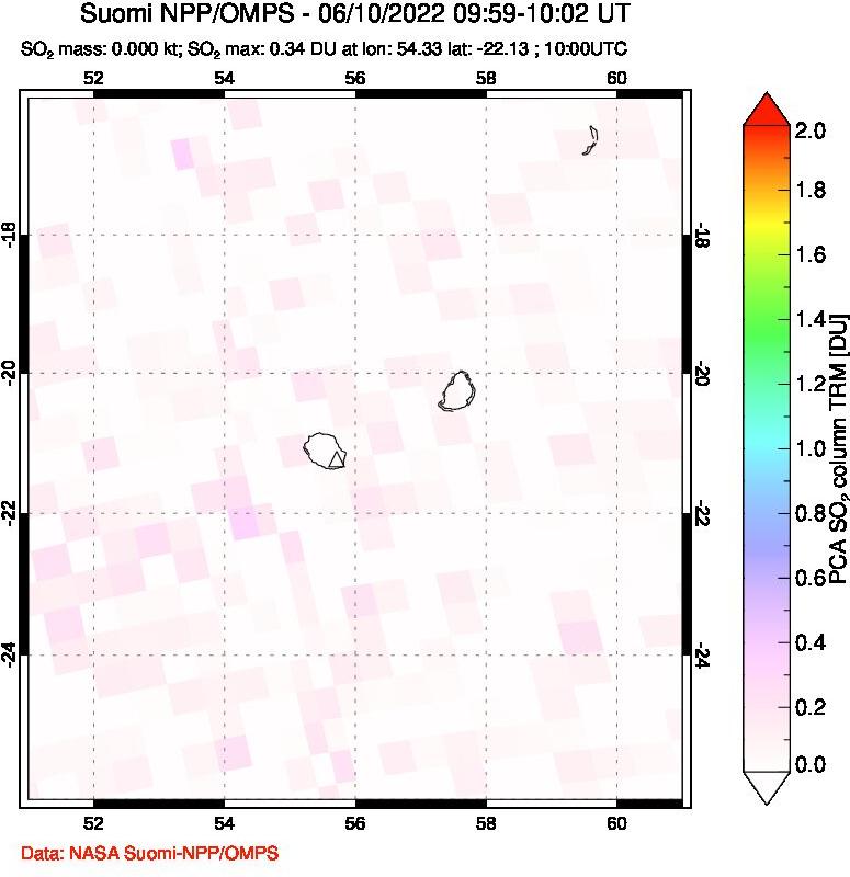 A sulfur dioxide image over Reunion Island, Indian Ocean on Jun 10, 2022.