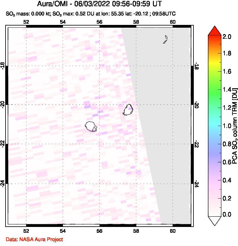 A sulfur dioxide image over Reunion Island, Indian Ocean on Jun 03, 2022.