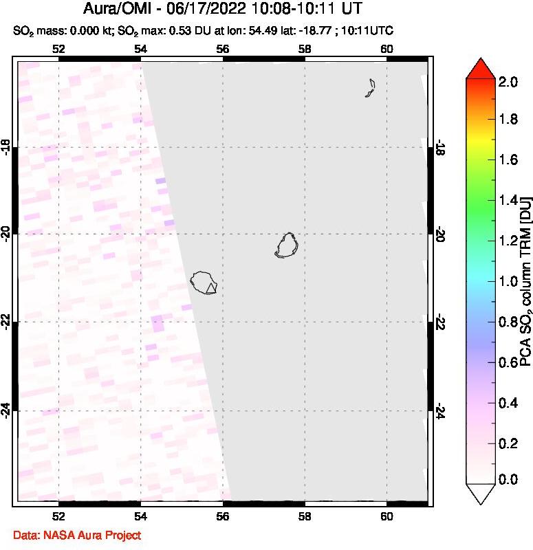 A sulfur dioxide image over Reunion Island, Indian Ocean on Jun 17, 2022.